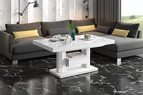 HM-120 Couchtisch Marmoroptik Hochglanz / Weiß Hochglanz ausziehbar höhenverstellbar 120/170cm Schublade modern Wohnzimmertisch Esstisch Beistelltisch Sofatisch platzsparend hochwertig Wohnzimmer
