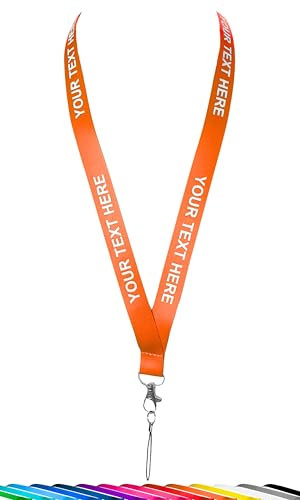 ROLSELEY Personalisierbares Umhängeband mit aufgedrucktem Text (Weiß/Schwarz/Silber) mit Sicherheitsverschluss - Orangefarbenes Schlüsselband mit individuellem Text