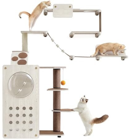 Feandrea Clickat Land - Kletterwand Katzen, 7er Set, extrem schnelle Montage, unbegrenzt erweiterbar, austauschbare Module und Teile, Kratzbaum, Katzenbrett, Hängematte, Katzentreppe, Futterstation