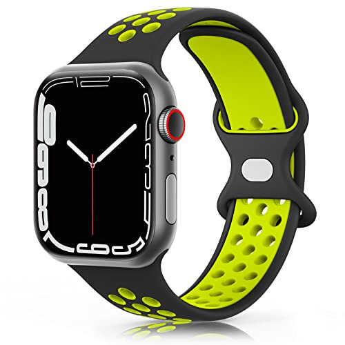 Vancle für Apple Watch Armband 44mm 40mm 45mm 41mm 38mm 42mm,Silikon Doppelloch Ersatzarmband für iWatch Series 8 7 SE 6 5 4 3 2 1 Damen Herren(42mm/44mm/45mm,Schwarz Grün)