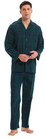GLOBAL Flanell Schlafanzug | Herren Pyjama Set Lang Baumwolle | Zweiteilige Nachtwäsche Loungewear Mit Schlafanzughose Lang Gummizug und Kordelzug Blau/Grün, Kariert XL