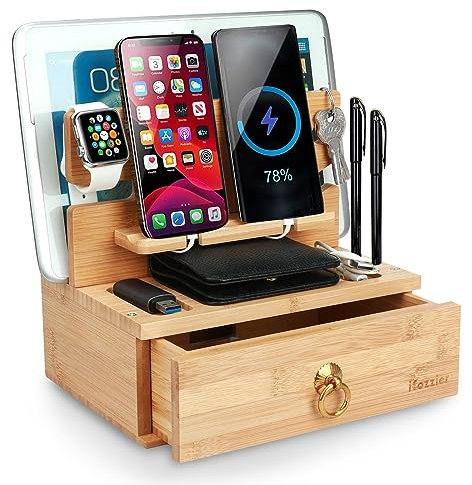 iCozzier Organizer per docking station in bambù con cassetto, supporto da tavolo per telefono, orologio, portafoglio, penna, chiavi