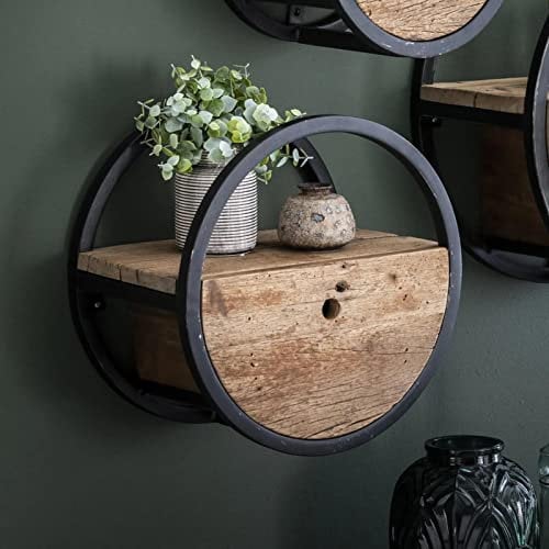 RINGO-Living Rundes Regal Metall & Massivholz mit Schublade, Hängende Kommode aus Hartholz & Metallumrandung, Wandregal Blumentopf Ablage mit Stauraum, Küchenregal Rund, Designer Wandregal Rund