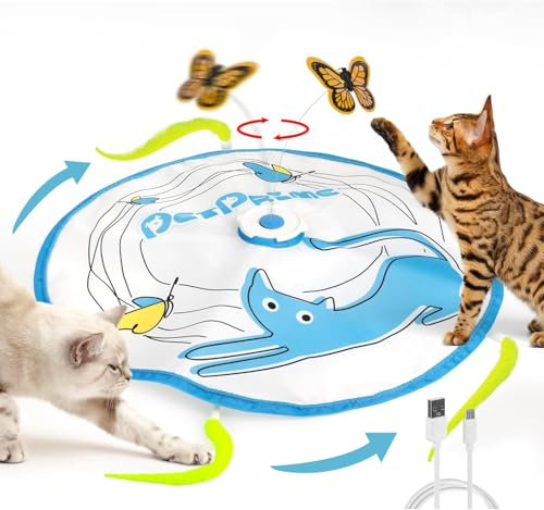 Pet Prime Automatisches Katzenspielzeug, Elektronisches Katzenspielzeug, Katze Schmetterling Spielzeug mit Federn und Schmetterlingen, Katzenpuzzle-Spielzeug, USB-aufladbar