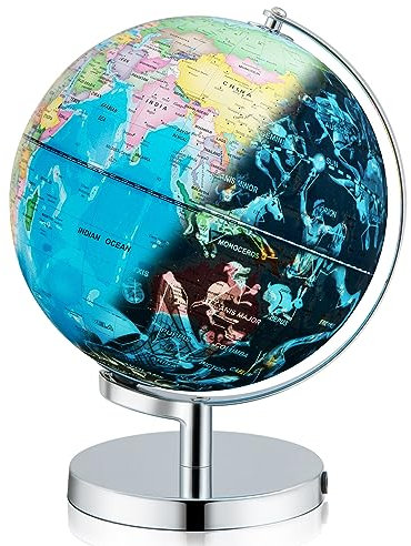 COSTWAY 23cm Leuchtglobus, Weltglobus Globus Beleuchtet, Schülerglobus mit Metallsockel & Licht, inkl. Englische Geografische Karte & Sternbildkarte, Pädagogisches Lehrmaterial für Zuhause Schule Büro