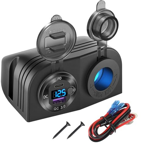 Panel tipo tienda Toma USB 12V Toma de mechero iluminada, PD3.0 & QC3.0 Cargador de aluminio de puerto USB de coche con Voltímetro LED & Interruptor Panel de alimentación impermeable Adaptador DIY Kit