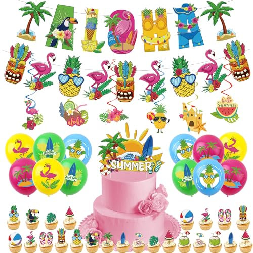 44Pcs Hawaii Summer Party Decorations With Balloons, Banner Bunting, Cake Toppers, Hanging Swirls for Eid and Holiday Theme Party Supplies