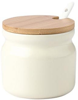 Jarsense Ceramic Sugar Bowl, 300ml Sugar Pot with Wooden Lid and Spoon, Spice Jar for Salt, Sugar, Coffee, Tea, Seasoning Box for Home Kitchen Coffee Bar - Off White