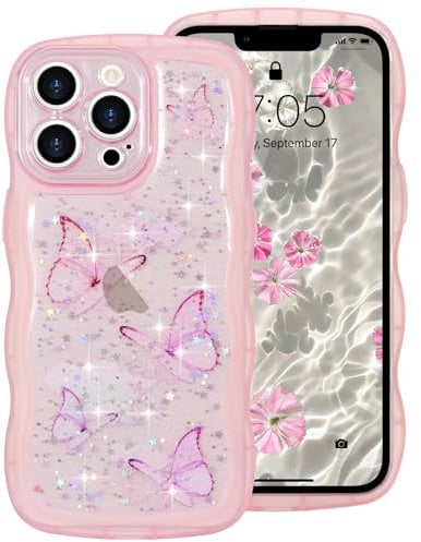 ROSEHUI for iPhone 14 Pro Max Case,Cute Butterfly Curly Wave Phone Case with Sparkly Glitter Bling Star,Clear Anti-Yellowing Camera Protection Soft TPU Shockproof Protective Cover for Girls-Pink