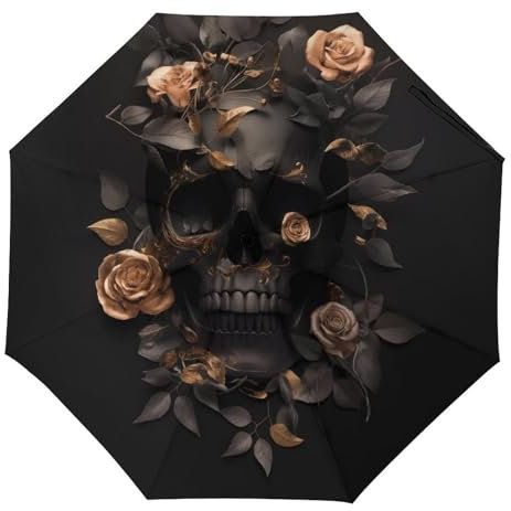 Tilivyx Regenschirme Blumen Mit Totenkopf Und Vergoldeter Rose Automatischer Faltschirm Uv-Sonnenschutz Regenschirme Tragbarer Regenschirm