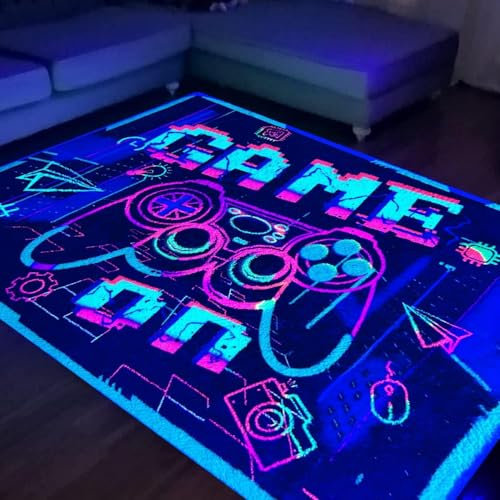 HOLAVIDA Neon Spiel Teppiche Gegend, 3D Schwarzlicht UV-Reaktiver Spiel Controller Teppich, rutschfeste Fluoreszierende Bodenmatte, Leuchtet im Dunkeln Spielmatte für Kinder Spielzimmer 180x120cm