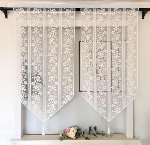 Vordesack Jacquard Panneaux mit Quaste Scheibengardine Kurzstore mit Stickerei Floralmotiv Bistrogardinen mit Tunnelzug 2 Stück HxB 90x60cm Floral