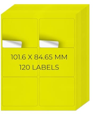 YIKIADA Neon Gelb Universal Etiketten 101,6 X 84,67 MM Vinyl Selbstklebend Ablösbar Blanko Aufkleber Bedruckbar Namenaufkleber Büro Adressetiketten für Tintenstrahl- und Laserdruckern 120 Stück