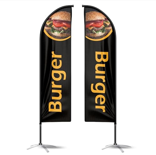 Drapeau Publicitaire Oriflamme Burger Noir – Double Face avec Kit Complet – Taille M (3.4m) – Voile, Mât, Pied, Bouée de Lestage & Sac de Transport