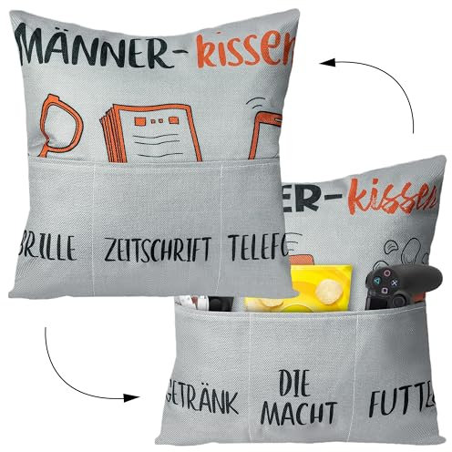 GoaePode Männerkissen mit 3 Taschen, Lustige Dekokissen Kissen für Bier Snacks, Kissen mit Spruch zum selbst Befüllen als Geschenk, Männer Kopfkissenbezug Geburtstag Geschenk für Männer Papa, Schwarz