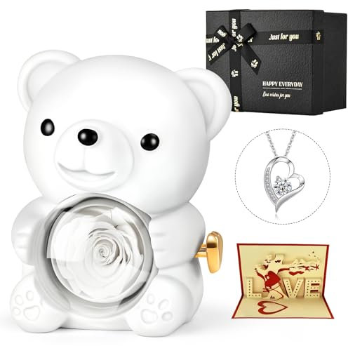 Jibeufi Teddy Bear with Preserved Rose, Flower Forever in Bear with Necklace and Elegant Gift Box for Women, Romantic Bear Roses Gifts for Valentines Day Mothers Day Anniversary Day Birthday (White)