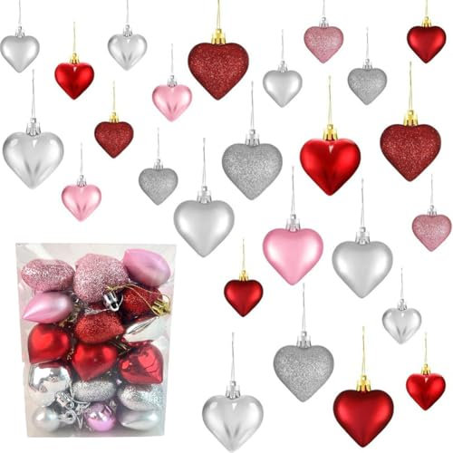 JOYWU Valentines Heart Shaped Ornaments,24 Pcs 3-Finish Heart Baubles Hanging Ornaments,Red Pink Glitter Heart Ornaments,Valentines Tree Decorations,Wedding Valentines Day Decor (36 pcs)