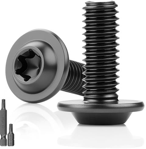 25 tornillos de cabeza lenticular negro, M4 x 16 mm, tornillos de cabeza plana con brida, tornillos Torx 304, acero inoxidable con disco A2 V2A, tornillos roscados de rosca completa, óxido, con 2