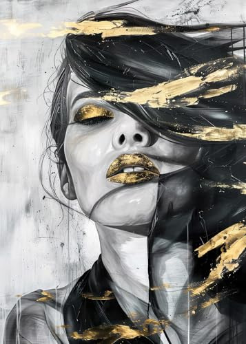 STYLER Leinwandbild Giselle 70 x 100 cm (AUFHÄNGFERTIG) I Abstrakte Kunst auf Leinwand I Frauengesicht modern I Wandbild Bild Wohnzimmer Schlafzimmer Flur I Kunst Gold I Made in Europe
