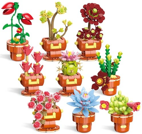 Miyacare Bloques de construcción suculentas, juego de 9 flores artificiales para adultos, juego de construcción, pasatiempo creativo y decoración del hogar, regalo de San Valentín o aniversario para