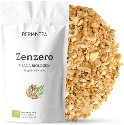 TISANA ZENZERO BIO 100g (50 Tazze) | Radice di Zenzero per Infusione | 100% Zenzero Essiccato Tagliato Zingiber officinale REPLANTEA