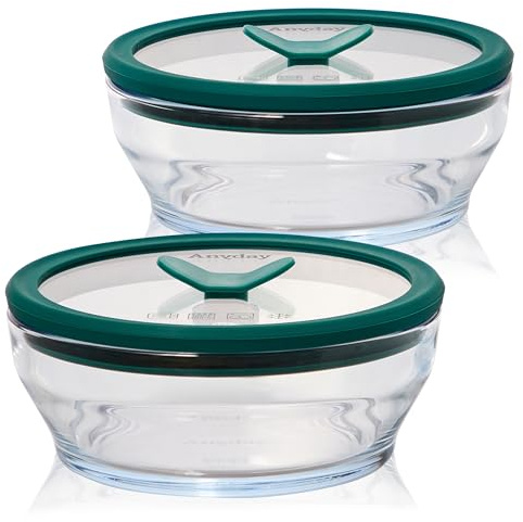 Anyday 2-Pack (2-Cup) Glass Food Storage Set with Glass Lids | Plastic-Free Meal Prep Set | Stackable Airtight Storage Container Set with Vented Lid for Microwave-Safe Reheating