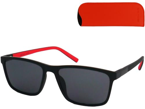 Mini Brille Flex Sonnenbrille mit Sehstärke, Kunststoff Rahmen XL Groß und Rechteckig mit flexiblen Bügeln Schwarz mit Rotem Akzent, Trend Etui, Lesesonnenbrille Herren und Damen 2.5 Dioptrien