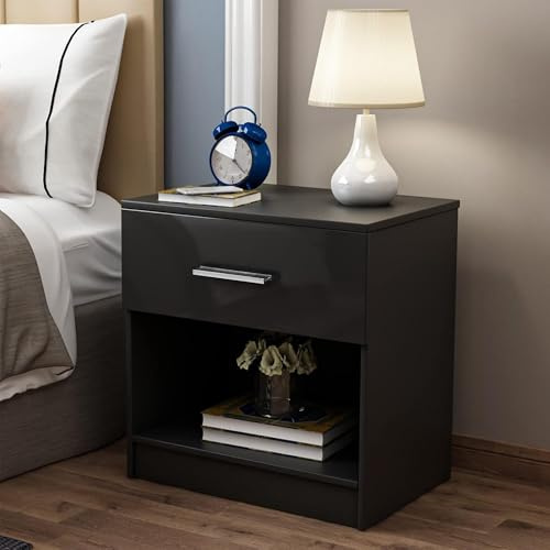 Comfy Living Modern Bedside Table with Drawer and Open Shelf, High Gloss, Bedroom Storage Table (Black)