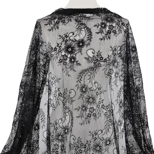 CABODYALS 3 m 164cm Schwarze Wimpern Besticktes Blumenmuster Französisches Spitzenmaterial Netzstoff Transparent Vintage Weicher Dekostoff Zum Nähen Herstellen von Hochzeitskleidung Kleidern DIY Baste