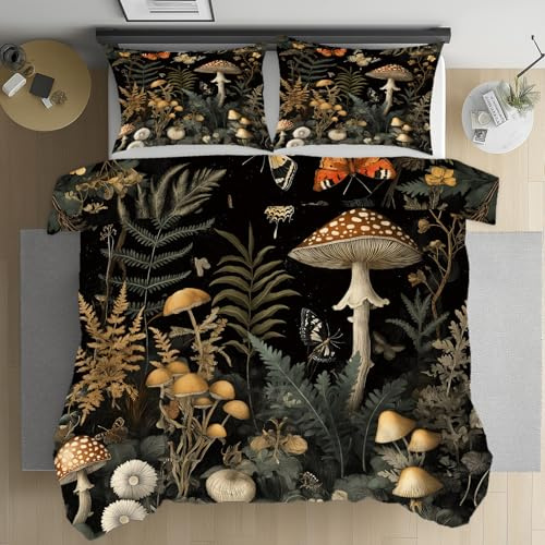 LLponhg Bettwäsche 135x200 Botanischer Pilz Bettwäsche Set Weich Microfaser | Kuschelige Bettwäsche, Vintage Schmetterling Wendebettwäsche Wald Farn Bettbezug und Kissenbezug 80x80cm mit Reißverschluss