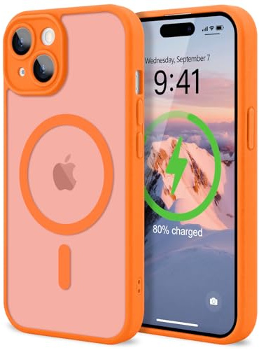 LAPOPNUT Magnetic Case for iPhone 15[Compatible with Magsafe],Full Camera Protector Silicone Phone Case,Translucent Matte Slim Shockproof Bumper Cover for iPhone 15 6.1,Orange