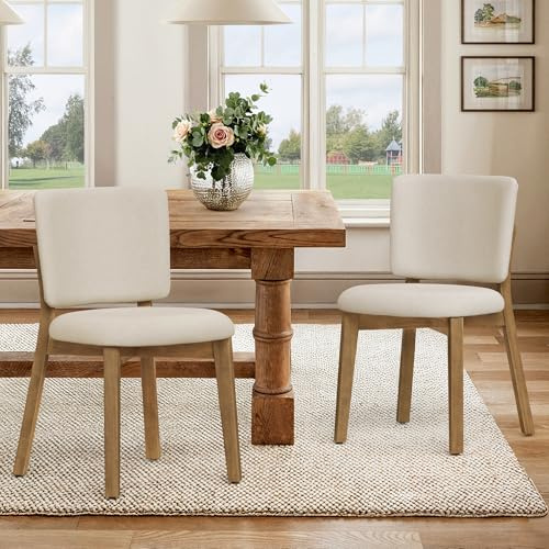 LUE BONA Esszimmerstühle 2er Set, Holzstühle mit breiter Rückenlehne, Polsterstuhl mit Leinenbezug und Naturholzbeinen, Moderner Küchenstuhl für Esszimmer, Leinenfarben