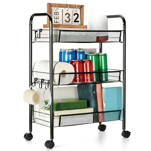 Cozary Rollwagen Küchewagen mit 3 Ebenen, Rostbeständiges Metall, Atmungsaktiver Netzkorb & Seitenhaken Inklusive, Multifunktionaler Organizer für Badezimmer, Küchenwagen,27 x 45 x 65 cm,Schwarz