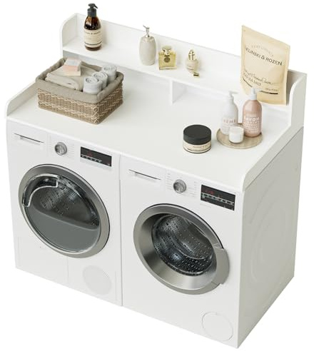 Apetaccat Plan de Travail à 2 Niveaux pour Machine à Laver et sèche-Linge, Organisation et Rangement pour buanderie, Plan de Travail en Bois pour Machine à Laver et sèche-Linge, Blanc