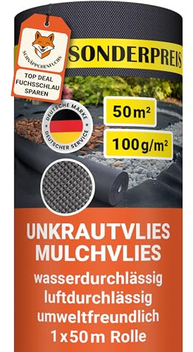 SCHNÄPPCHENFUCHS 100g/m² Unkrautvlies 50m² 1 x 50m - Gartenvlies auf Rolle | - wasserdurchlässig & extra reißfest 50 x 1m breit - UV-stabile Wurzelsperre Mulchvlies Garten Vlies Folie gegen Unkraut