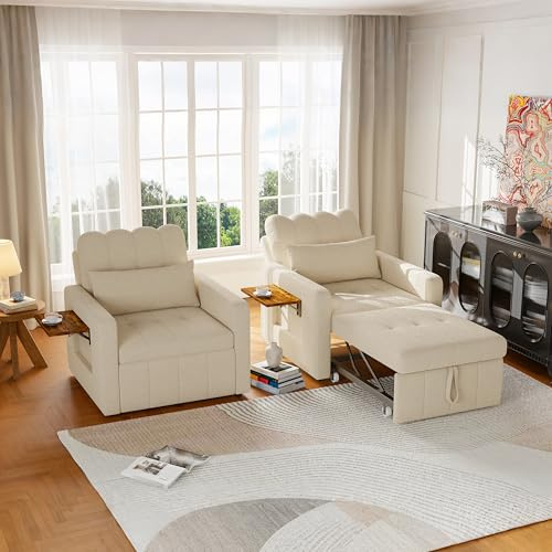 3-in-1 Schlaferstuhl, umwandelbares Sesselbett, Schlafsessel mit Bettfunktion, Verstellbarer sessel mit Kissen&Seitentasche, Sessel mit Schlaffunktion für kleine Wohnung (Beige, 3-in-1 Schlaferstuhl)