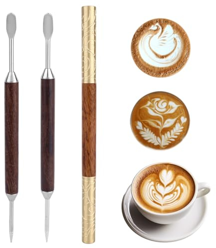 3-Teiliges Latte-Art-Stift-Set, Edelstahl-Kaffeekunstwerkzeug mit Holzgriff Doppelseitiger Kaffeeschnitzstift Professionelles Barista-Werkzeug für Zuhause und Café