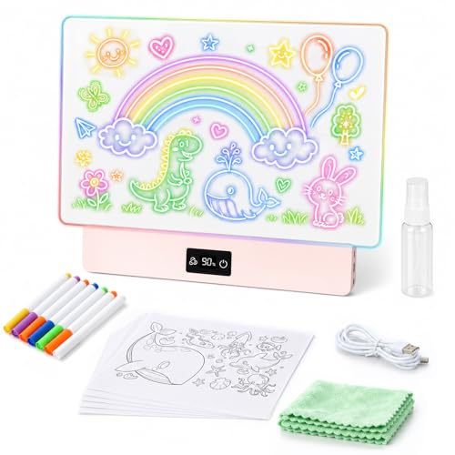 OUTON Rechargeable LED Drawing Board for Kids, 16 Glow Doodle LED Note Board with 8 Colors, 3 Light Effects, Reusable Neon Light Up Drawing Tablet Gift for Girls and Boys with Battery Display, White