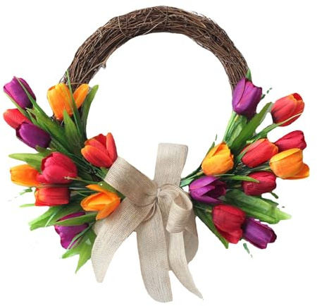 Artificial Tulip Flower Wreaths 40cm, Half-Circle Spring & Summer Door Wreath with Silk Tulips, Green Leaves & Burlap Bow,Handmade Rattan Floral Wreath for Front Door, Easter Home Decor (Multicolor)