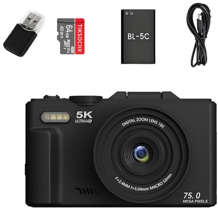 Optinexo 5K Digital Compact Camera Digitale con 18X Zoom Ottico, Schermo Orientabile 180°, 75 Milioni di Pixel, Scheda di Memoria 64 Gb Inclusa, Ideale per Viaggiatori e Principianti