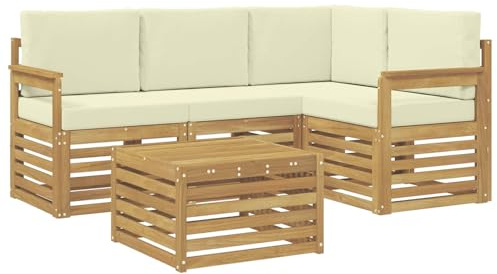 vidaXL Outdoor-Sofagarnitur mit Kissen 5 pcs Weiß und Creme Polyester, Moderner Garten-Sofaset, Coole Terrassenmöbel, zeitgemäße Lounge, modulares Design, Akazien-Elemente