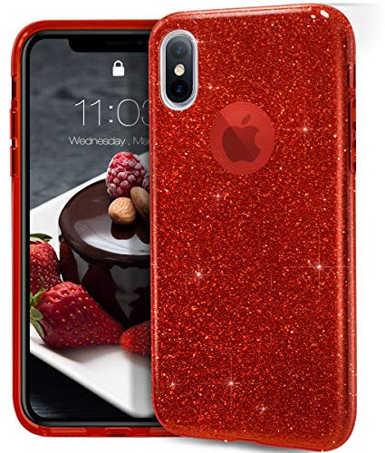 MATEPROX Glitter Case Compatible with iPhone X Case/iPhone Xs Glitter Sparkle Sparkly Bling Cute, 3 Layer Hybrid, Anti-Slick Protective Cover for iPhone X/Xs (2018) -Red