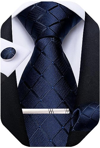 DiBanGu Karierte Krawatte für Herren, Seide, Einstecktuch und Manschettenknöpfe, Krawattenklammer-Set, Hochzeit, Business - Blau - Einheitsgröße