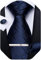DiBanGu Karierte Krawatte für Herren, Seide, Einstecktuch und Manschettenknöpfe, Krawattenklammer-Set, Hochzeit, Business - Blau - Einheitsgröße