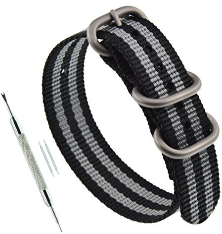 MZBUTIQ 23mm Schwarz/grau Uhrenarmband Watch Band Dickes Nylon für Herren Matte Silberne Schnalle 3 Ringe
