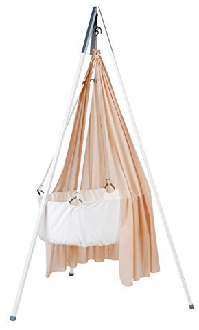 Ausstellungsstück Leander Babywiege Wiege weiß Set inkl. Comfort Träumeland Softschaummatratze, Schleier soft pink, Haken und Stativ