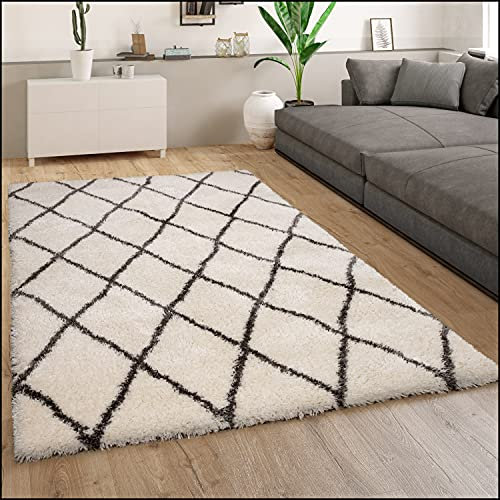Paco Home Teppich Wohnzimmer Hochflor Schlafzimmer Weich Shaggy Flokati Rauten Skandi Muster Modern Creme Weiß, Grösse:160x230 cm