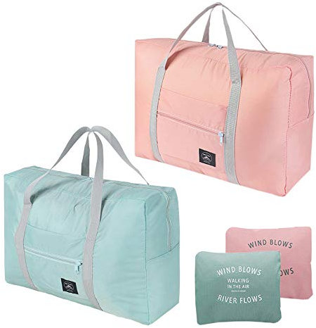 Borsone pieghevole leggero da 2 pacchi, bagaglio da viaggio impermeabile, tote portatile per palestra, sport, vacanze, pic-nic (rosa chiaro, azzurro)