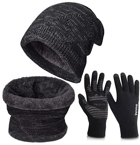 Petrunup warme Strickmütze für den Winter, Touchscreen-Handschuhe, Schal, 3/2-teiliges Set mit doppellagigem Fleecefutter für Damen und Herren