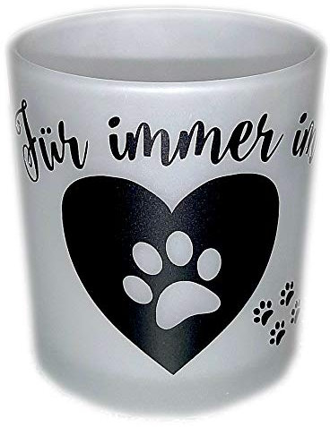 Kilala Teelichtglas für verstorbenes Haustier, Trauerlicht mit Spruch, Motiv mit Herz und Pfote, Höhe 80mm, Ø 70mm, Andenken an Hund und Katze